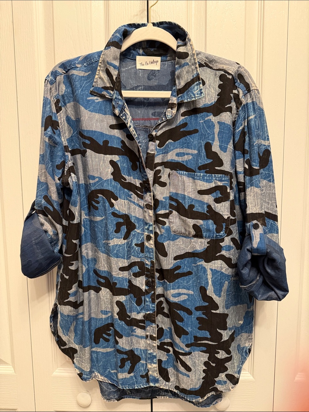 Nu Vintage Blue & Black Camouflage Button-Down Shirt Size L